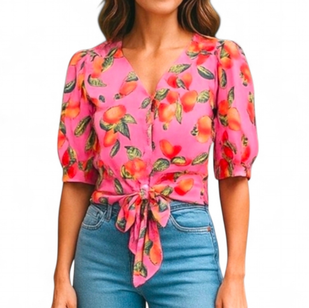 Joie Mango Print Crop Button Down Top Blouse Size XS